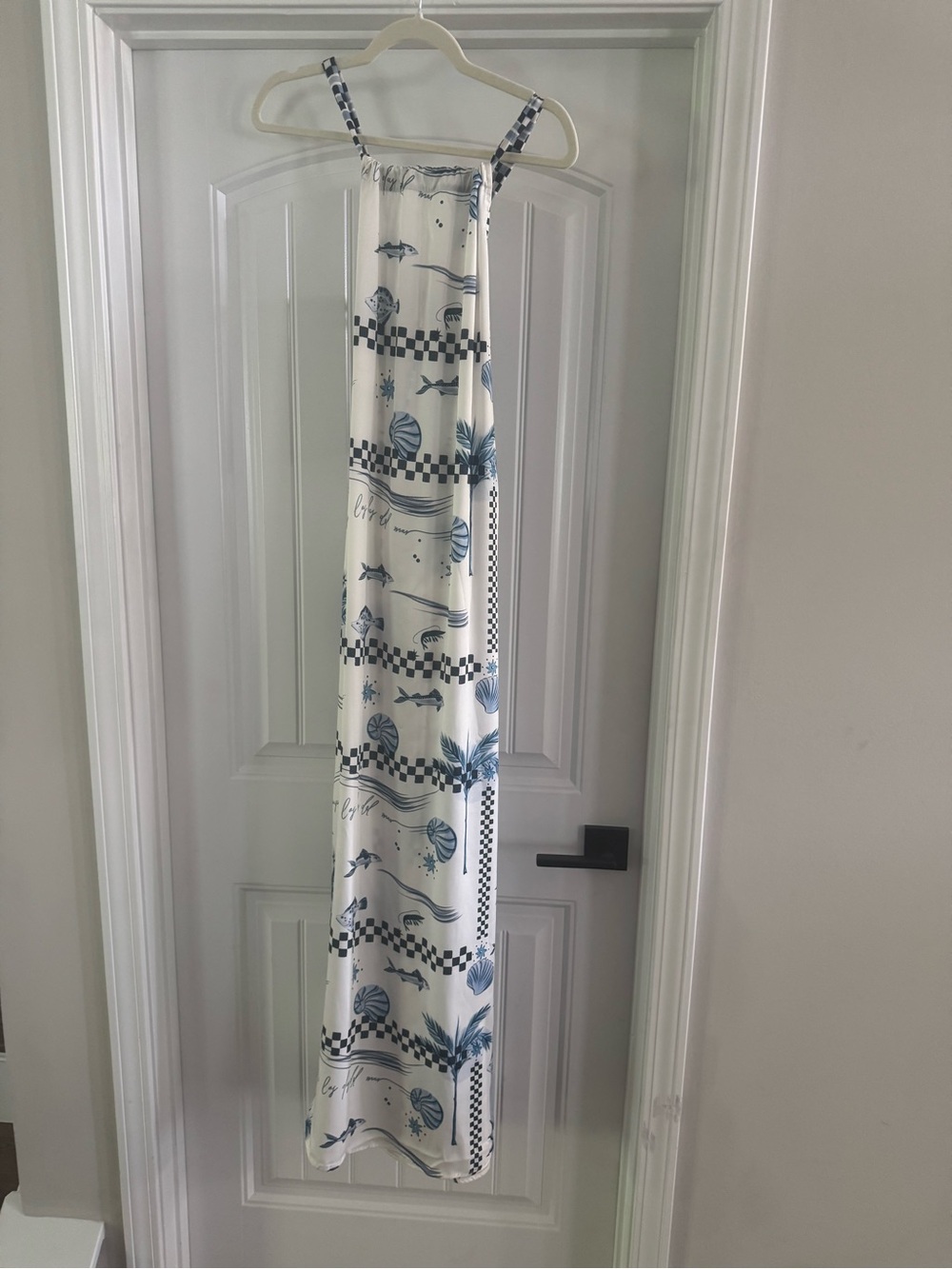 White and Blue Tropical Print Maxi Dress